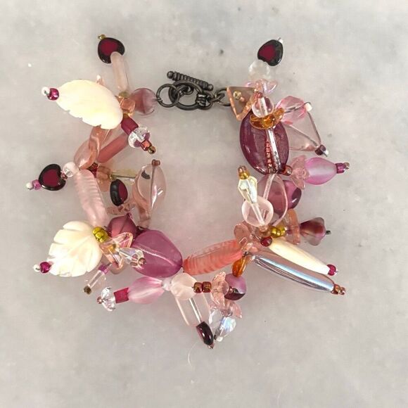 Artisan Glass Beads & Hand Carved Mother of Pearl Sterling Bracelet Multicolor 6 - Picture 1 of 3